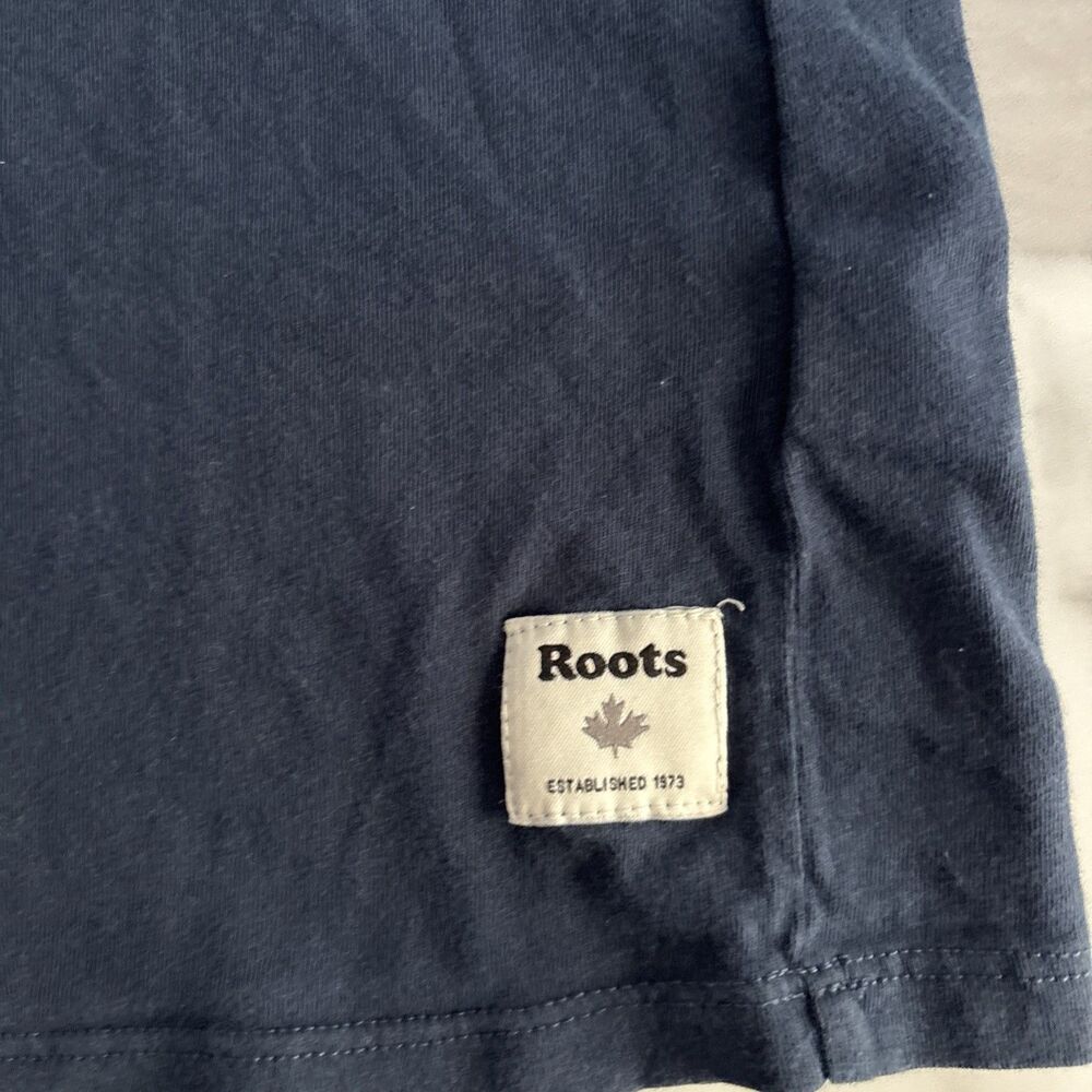 Roots Canada Womens Medium Navy Blue Ringer Tee Retro Rainbow Logo Maple Leaf - Picture 2 of 8